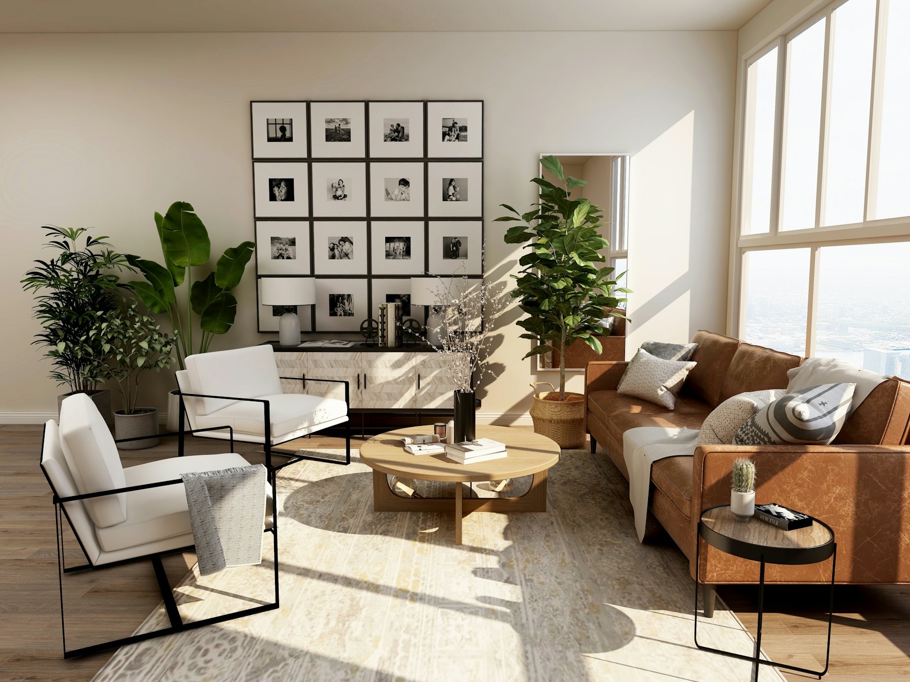 Salon contemporain lumineux préparé pour les visites